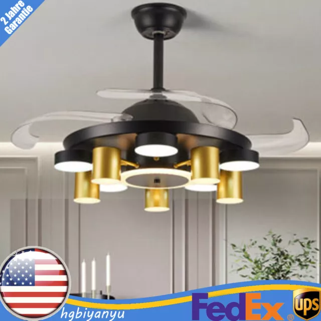 LED Ceiling Fan Light 42" Dimmable Chandelier Retractable Blade + Remote Control