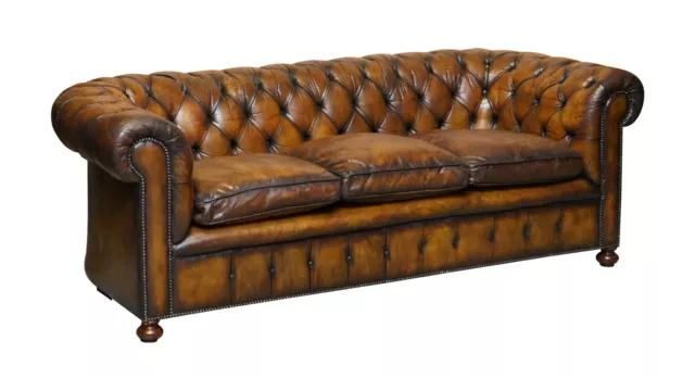 1950'S Hand Dyed Restored Cigar Brown Leather Chesterfield Club Sofa English