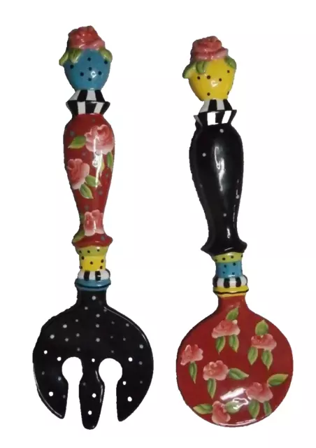 Juego de cuchara y tenedor de cerámica decorativa festiva de 12" rosa, lunares y rayas