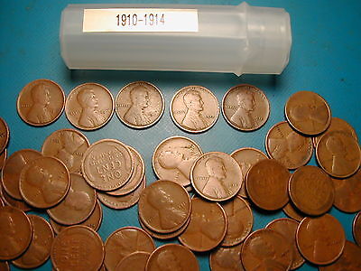 1910-1914 (P dates) MIXED LINCOLN WHEAT CENT ROLL, 50 coins