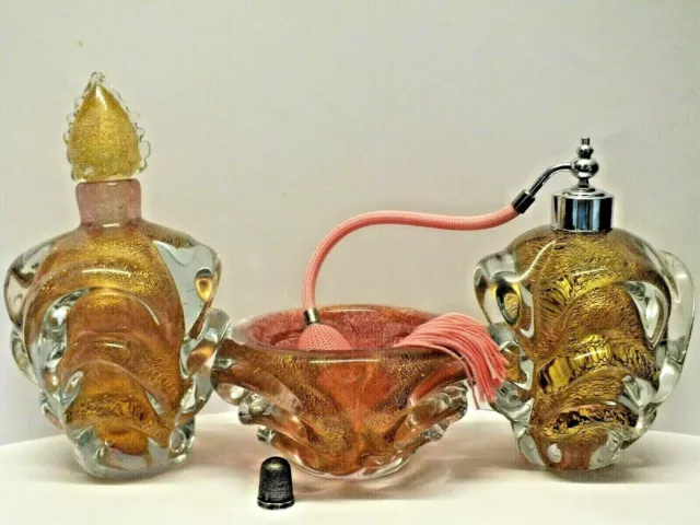 1950s Pustetto & Zanetti 3 Piece Powdered Gold Murano Glass Perfume Bottle Set