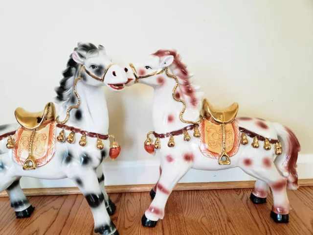 2 Chinese Parade Horses Statues 17" Ceramic Hand Painted Decorated Gold Accents