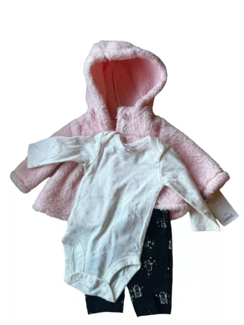 Carters Baby Girl 3-Piece Fluffy Pink Jacket Set Pants & Bodysuit 3 Months NWT