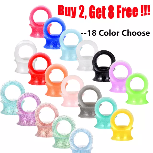 Pair Thin Silicone Ear Tunnel Saddle Plug Glitter Ear Gauge Piercing 2g-3/4"
