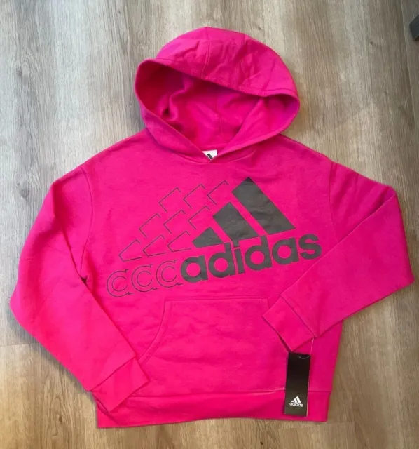 NWT Adidas Hoodie Girls Size L (14) Pullover Sweatshirt Pink Multi Logo