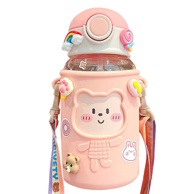 620 ml taza para sorber agua para niños con bolsa de silicona botella de alimentación de dibujos animados (rosa)