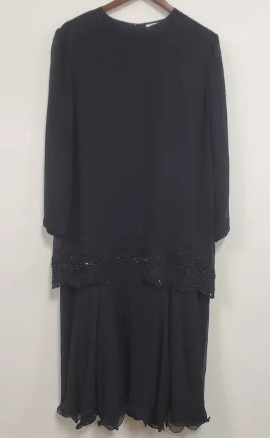 Vintage Magali Women Silk Drop Waist Beaded Maxi Dress Size 14 Black Long Sleeve