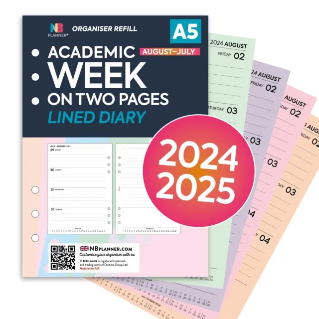 Academic 2024-2025 FILOFAX A5 COMPATIBLE Week on two pages lined diary refill