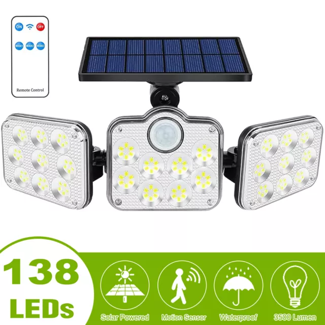 138 LED Solar Lights Outdoor 3500LM Motion Sensor Security 3 Head Spotlights US