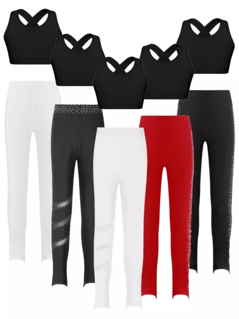 Kids Girls Crop Top with Trousers Elastic Waistband 2 Piece Dance Outfits Yoga