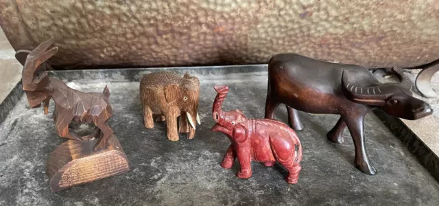 Vintage Wooden Hand Carved Animal Figures lot of 4- Goat, 2 Elephants, Ox #2C