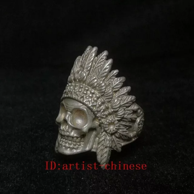 Old Chinese Tibet Silver Carving Skull Statue Ring Decoration Gift Collection 2