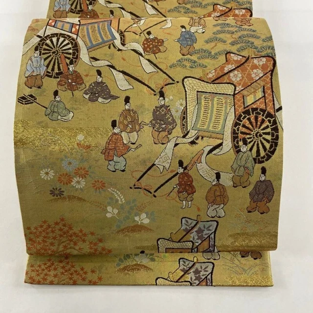 Japanese Kimono Obi Pure Silk People An Ox Drawn Coach Foil Gold For Formal