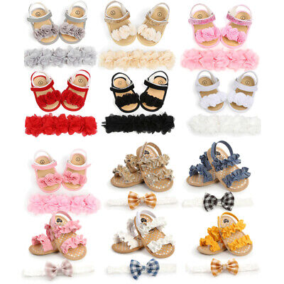 Summer Newborn Girls Flower Sandals Casual Crib Shoes Flats W/Headband 0-18M