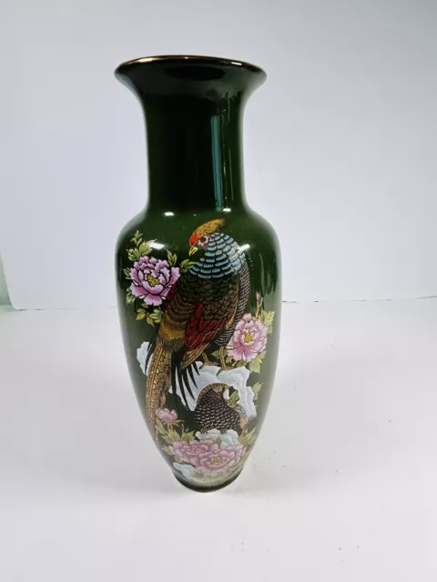 Kutani Dark Green  Tall Vase Colorful Pheasant Birds Pink Lotus Flower Gold Trim