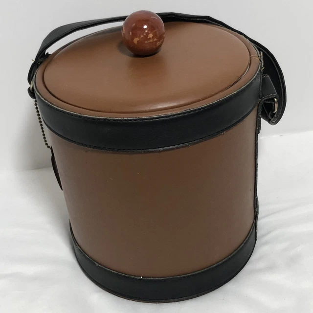 Georges Briard Faux Leather Ice Bucket Brown W Black Trim Barware Vintage