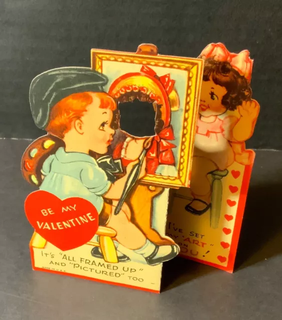 VTG DieCut Valentine Card Tri-Fold Boy Artist Painting Pretty Girl All Framed Up