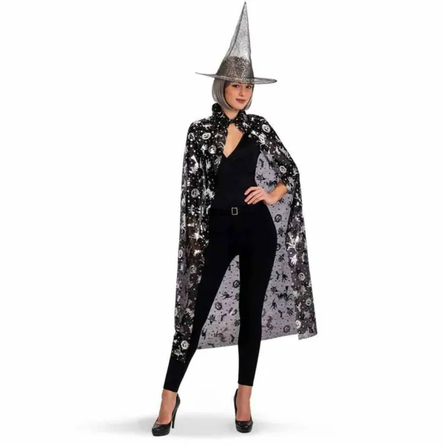 Costume strega adulto mantello cm 120 cappello con argento Halloween Carnevale 3