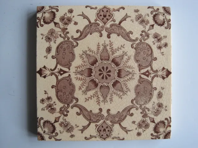 Antique Victorian 6" Malkin Edge Brown On Buff Aesthetic Print Tile - C1890