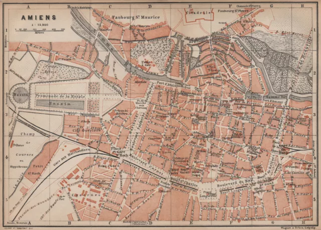AMIENS antique town city plan de la ville. Somme carte. BAEDEKER 1905 old map