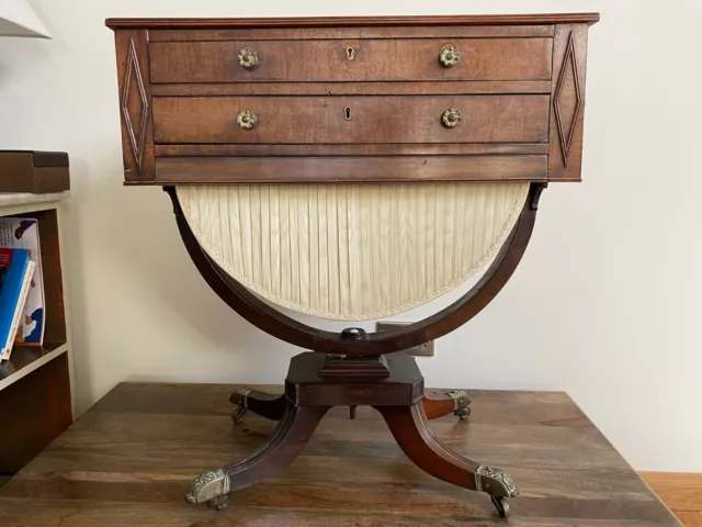 Antique Regency Sewing Table, Silk Pleated Drum - Good Condition