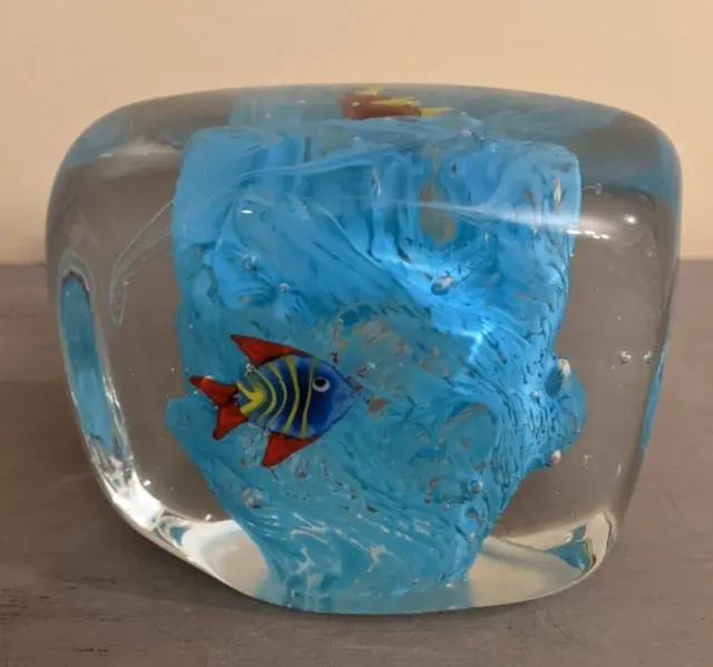 Art Glass Fish Tank Glass Clear Blue Swirls Fish Rectangle Block Paperweight