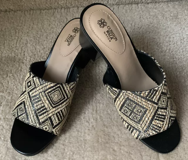Cushion Walk Black & Tan Woven Slide Sandals 2.3" Heel Womens Size 8 NEW