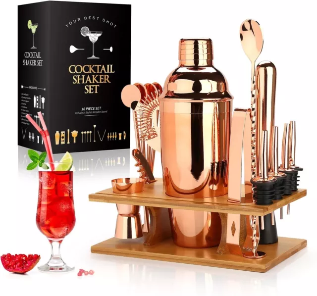 Cocktail Shaker Making Set: 16pcs Bartender Kit with Eco Bamboo Stand NEW AU