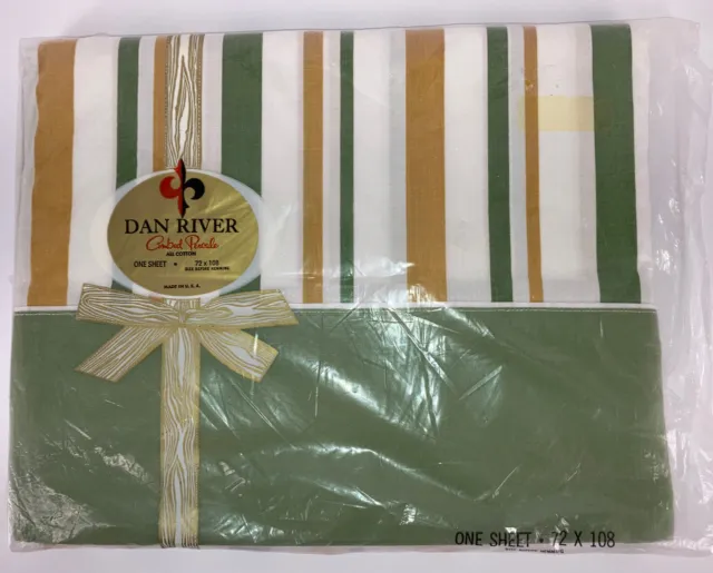 Dan River Flat Sheet Green Gold Stripe 72” x 108” All Cotton Combed Percale NEW