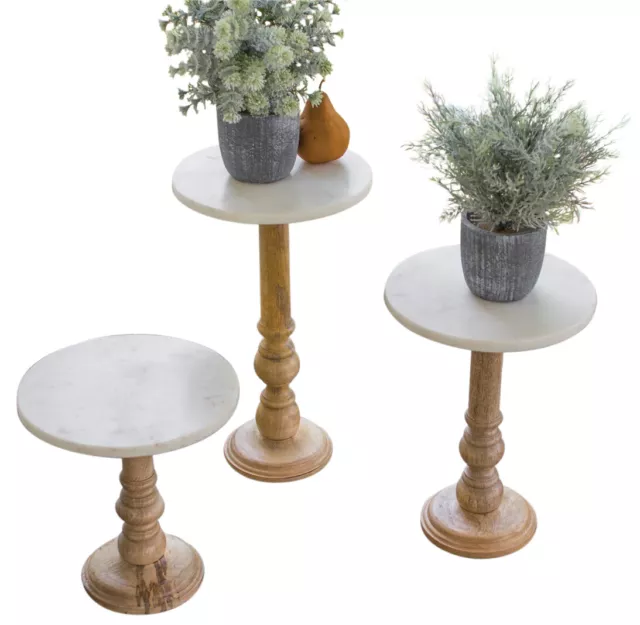 Round White Marble Top Wood Display Stand Set 3 Pedestal Riser Vintage Style