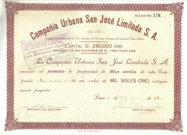 Original Peru 1933 Compania Urbana San Jose 1000 soles Uncancelled issued 290