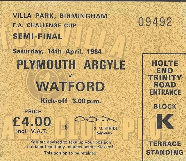 Ticket Stub. Plymouth Argyle v Watford. FA Cup Semi-Final. 1983-1984