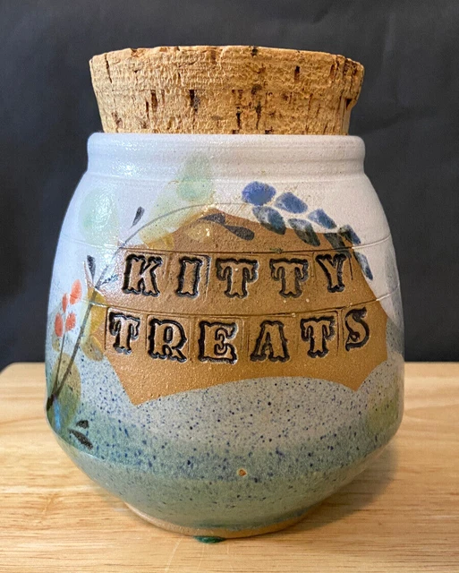 VINTAGE 1999 HAND Thrown Pottery CAT TREATS Jar with Cork Lid ARTIST