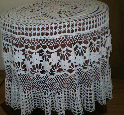 Antique old 1930s Vintage Hand Knitted Crochet Cotton   Tablecloth