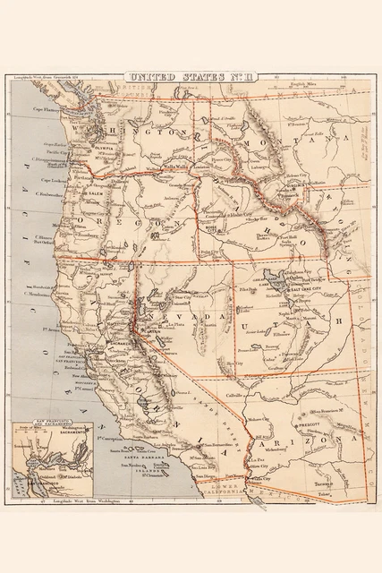 Pacific United States USA 1869 Vintage Antique Style Map Poster 12x18