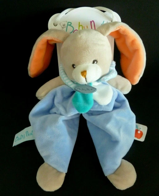 *. Doudou Plat Baby Nat Lapin Pom Bleu Blanc Orange Col Raye - 100% Neuf