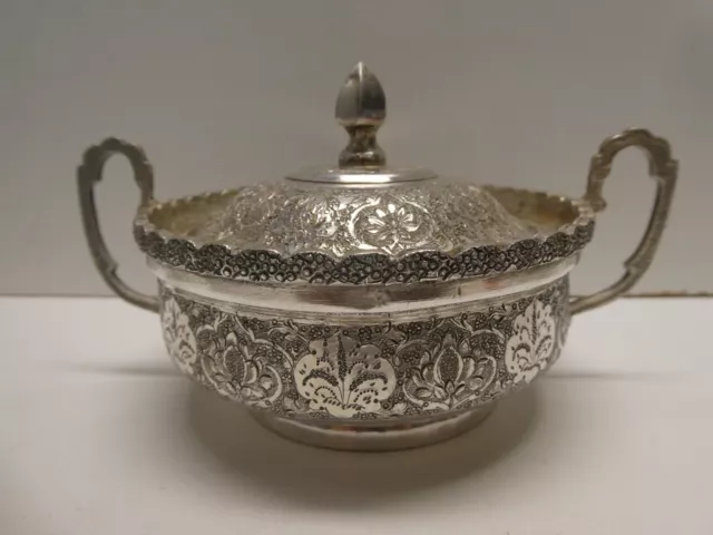 Vintage Silver Etched Persian Engraved Design Lidded Sugar Bowl Stamped Hallmark