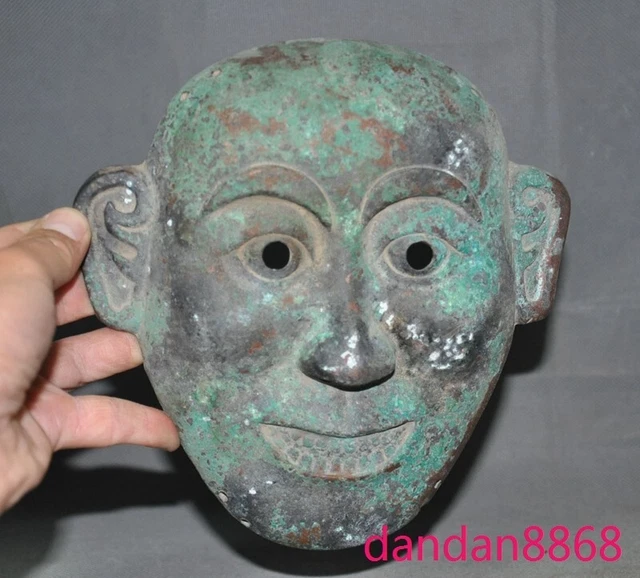 7.8" China Ancient times Bronze ware sacrifice Human face mask statue