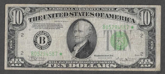 FR 2007-B* STAR $10 New York Series of 1934B Green Seal Federal Reserve Note