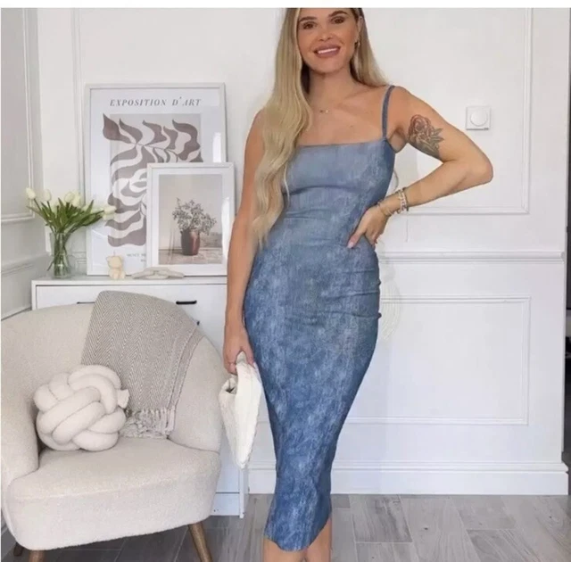 princess polly baby blue dress Zara Bodycon Overall Sleeveless Denim Midi Dress Raw Hem Button Down S  White main image 0