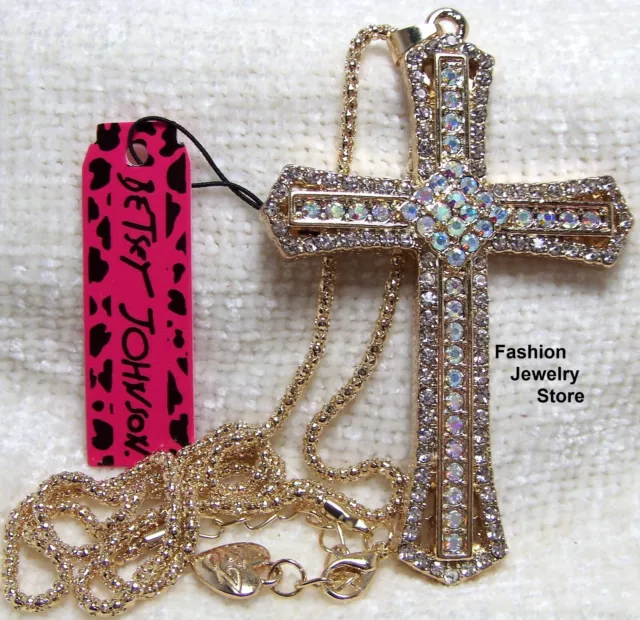 Betsey Johnson Necklace-Retro Style Statement Cross Rhinestone Bling Pendant