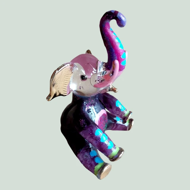 Elephant Miniature Figurine Blown Glass Paint Décor Wild Animal Purple Blue Gift