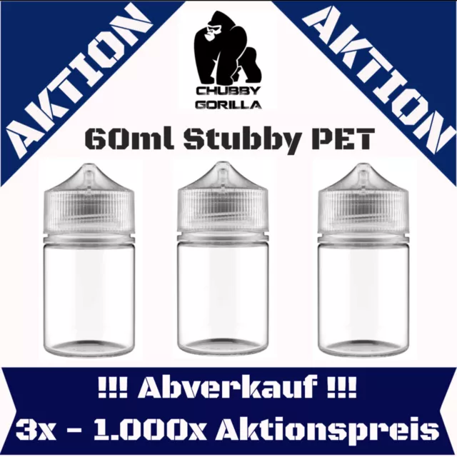 3x - 1000x Org. Chubby Gorilla PET 60ml Stubby Flaschen Unicorn Leerflaschen WOW