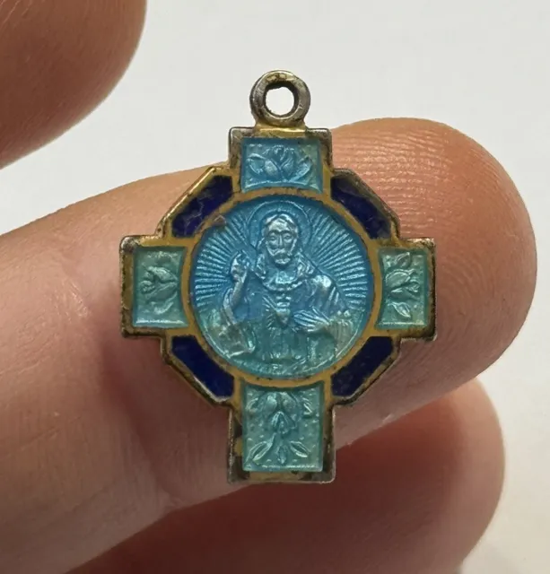 Catholic Vintage Gold On Sterling Silver Blue Enamel Sacred Heart of Jesus Medal