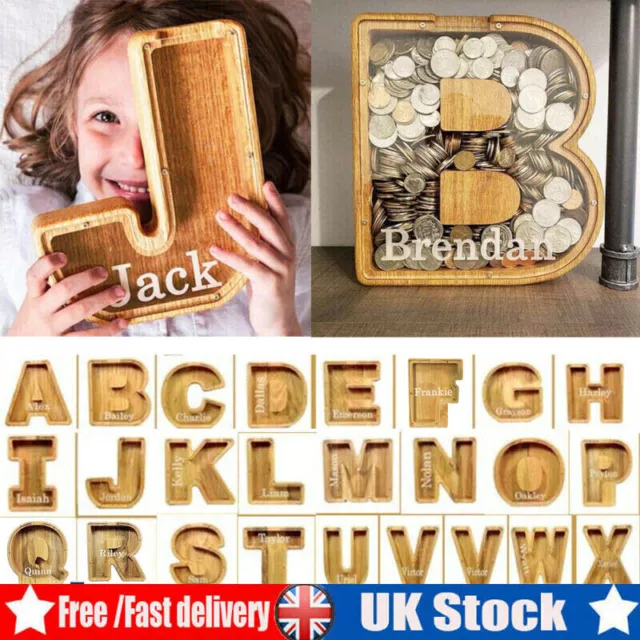 UK Wooden Piggy Bank Letter-Shap Piggy Bank DIY Sticker Money Box Kid Child Gift