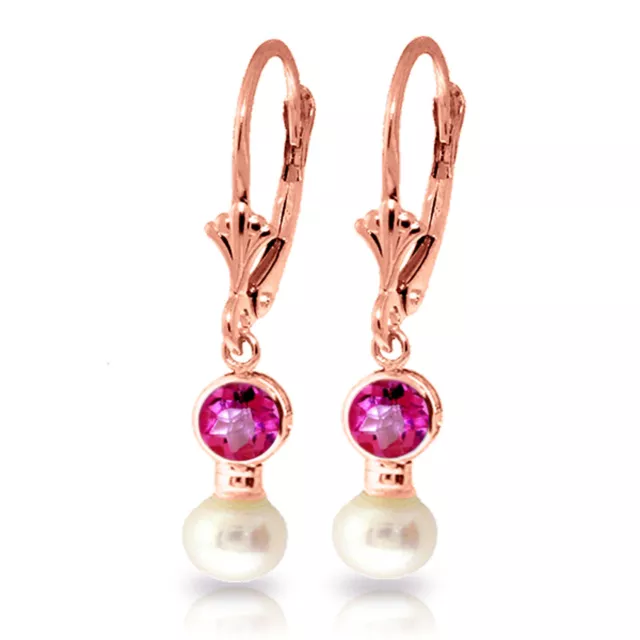 2.7 Carat 14K Solid Rose Gold Leverback Earrings pearl Pink Topaz