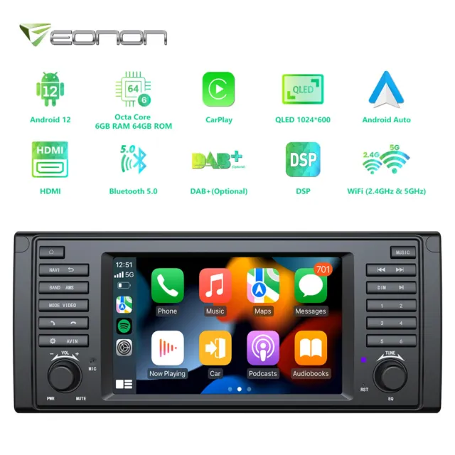 8Core 7" Android 12 Car Play Stereo Radio GPS Navigation DSP For BMW E39 5 Serie