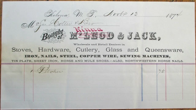 Helena, MT 1874 Letterhead: Sewing Machines/Hardware/Stoves - Montana Territory