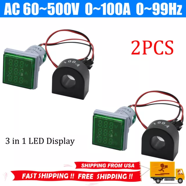 2X AC 60-500V 0-100A 22mm 3 in 1 Voltmeter Ammeter LED Digital Volt/AMP Meter