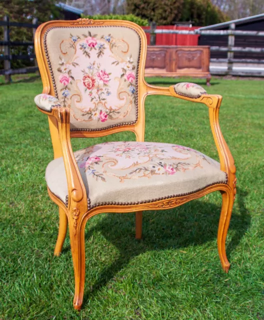 French Louis XV Carved Oak Needlepoint Armchair Floral Pattern! SOM983